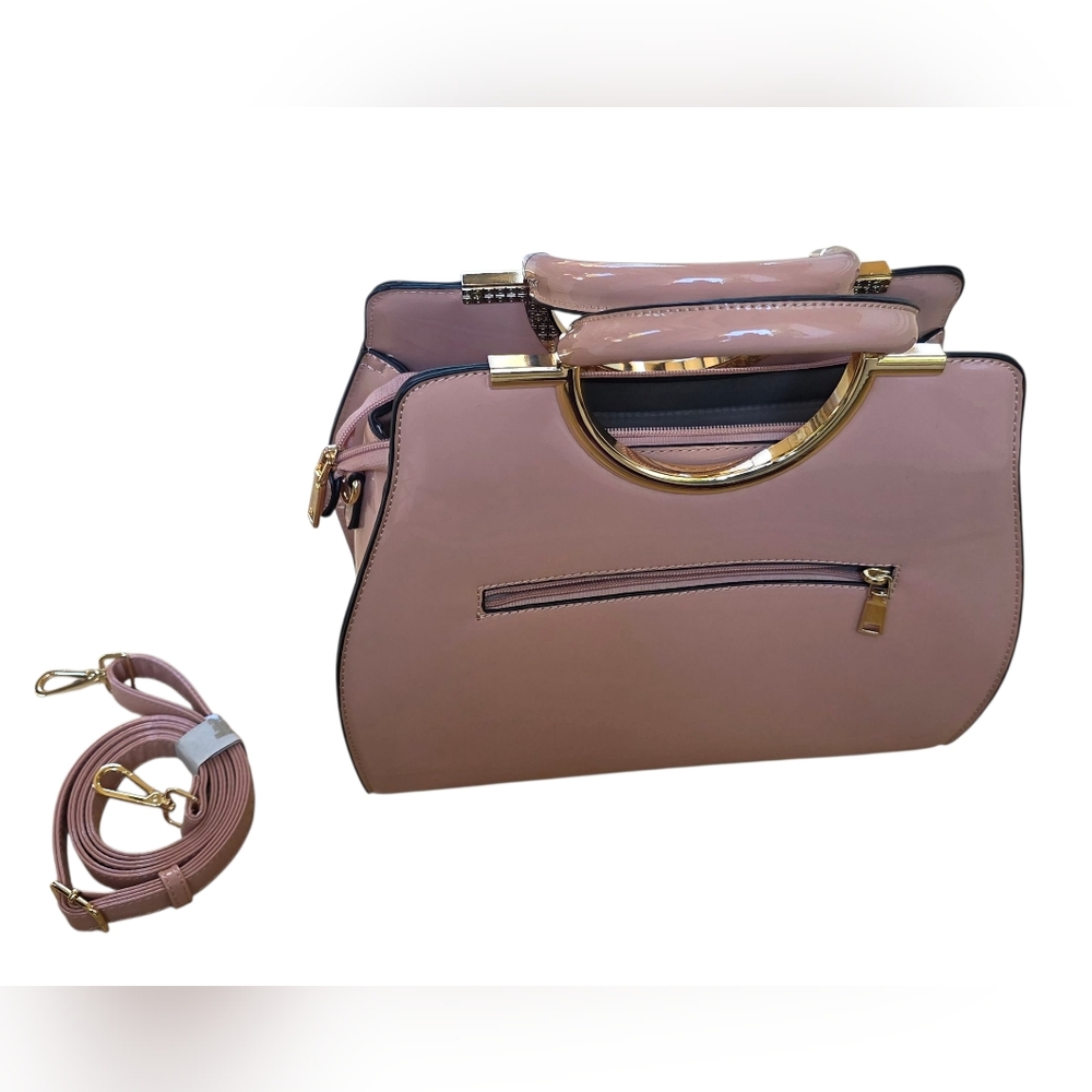Pink & Gold Faux Patent Leather  Handbag With Strap NWOT